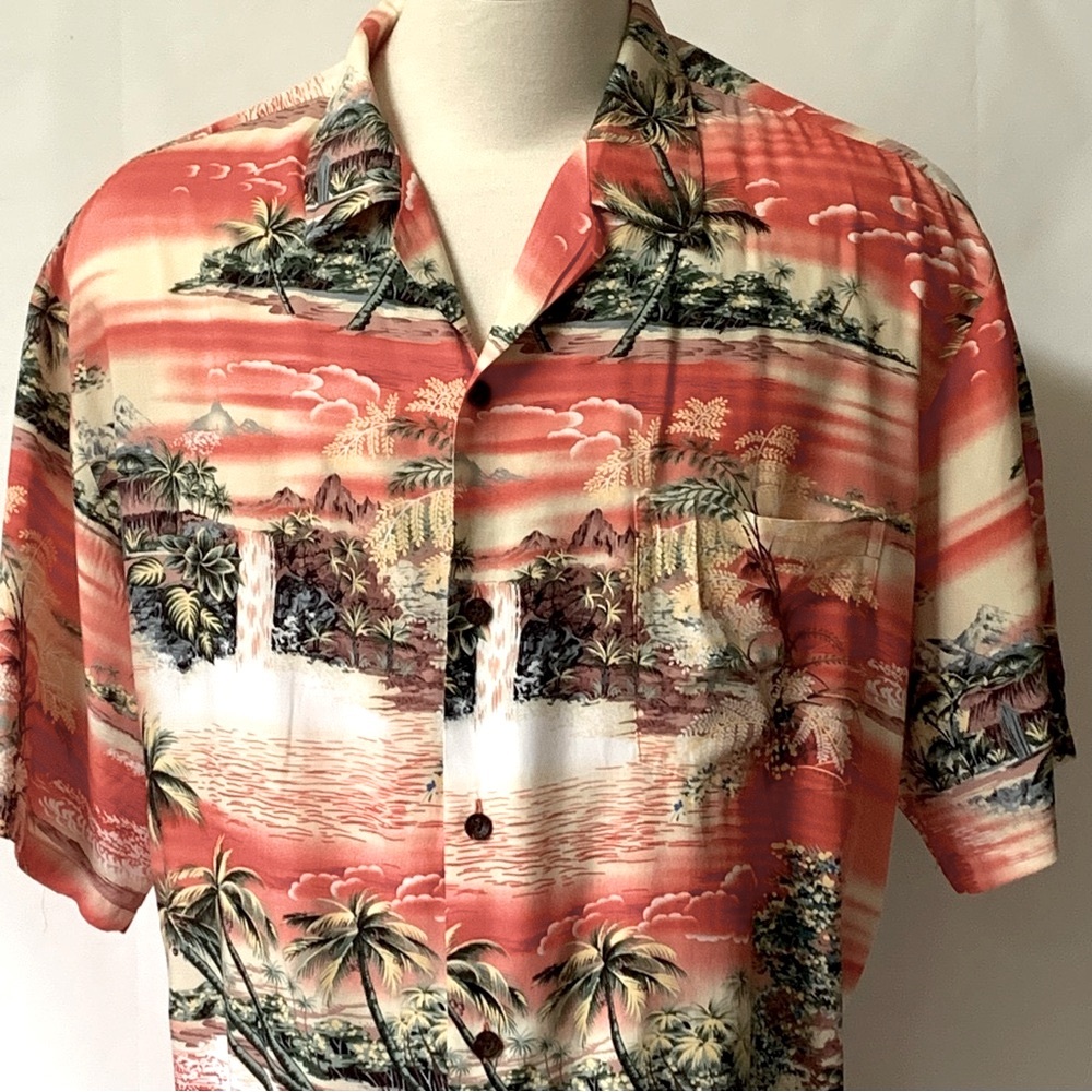 Vintage Kalaheo Hawaiian Camp Shirt Tropical Beach Palm Trees Mountains XXL